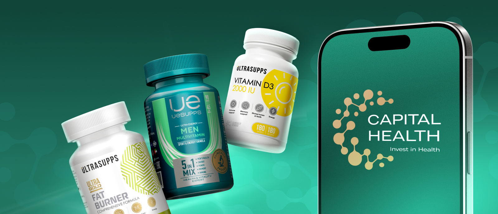 Добавки Uesupps и UltraSupps рядом со смартфоном Capital Health